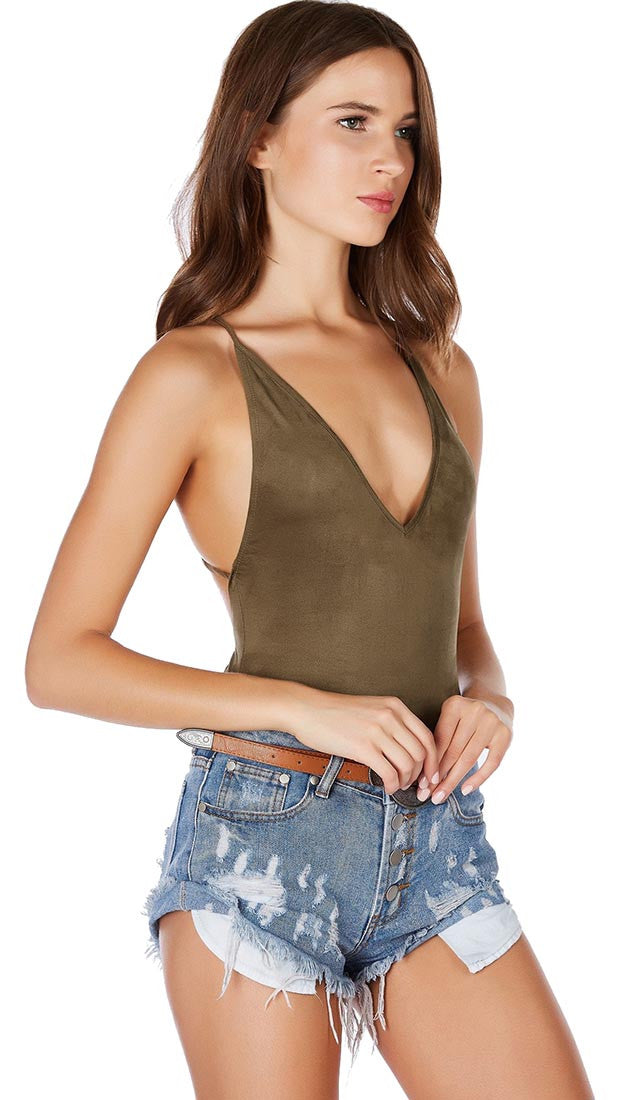 Suede Open Back Criss Cross Deep V Vegan Bodysuit Olive Green