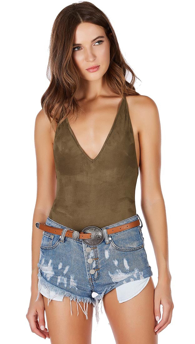 Suede Open Back Criss Cross Deep V Vegan Bodysuit Olive