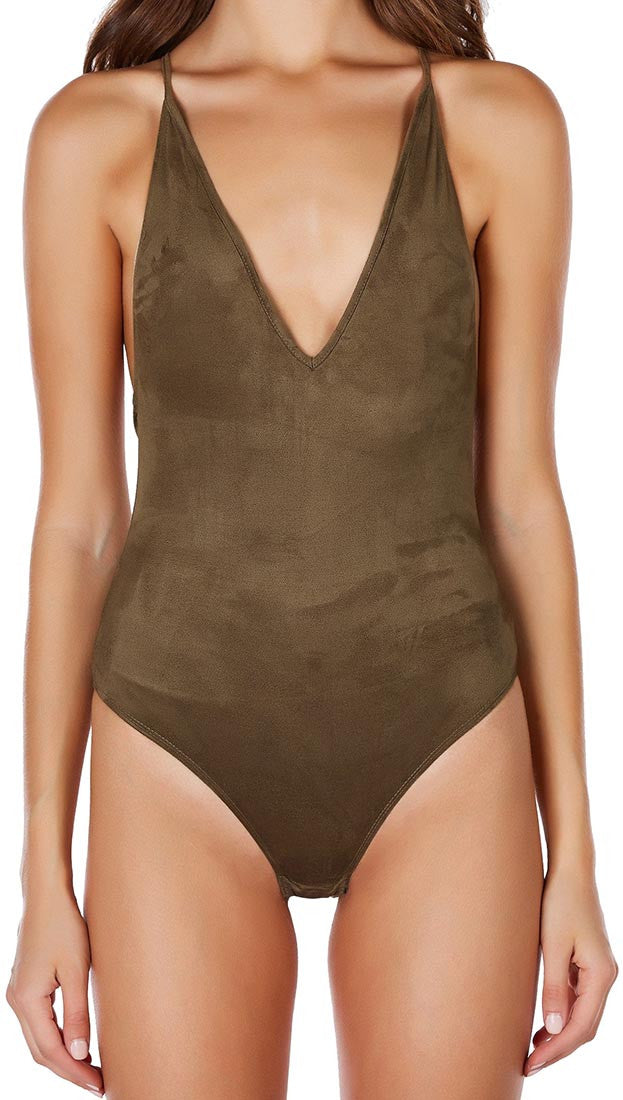 Suede Open Back Criss Cross Deep V Vegan Bodysuit Olive Green