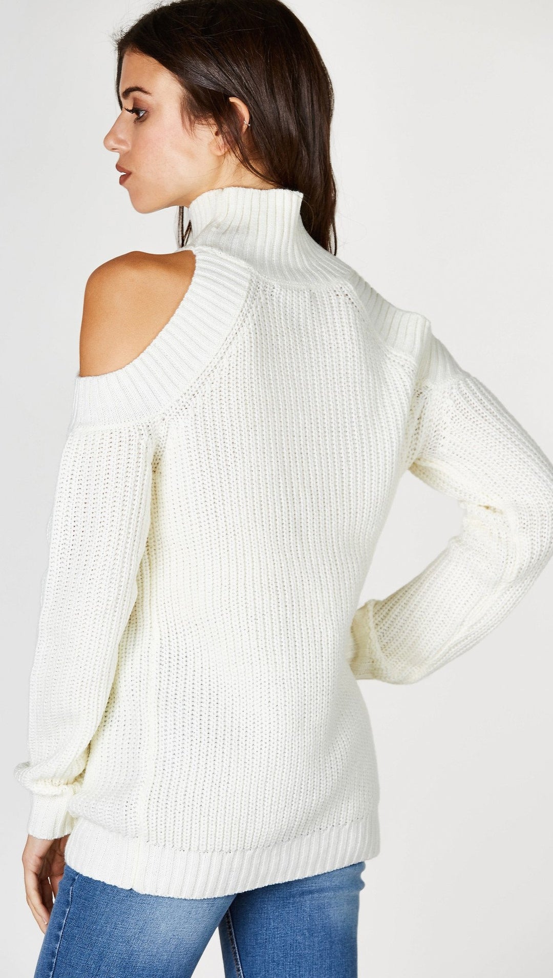 Cold Shoulder Mock Turtleneck Sweater Ivory White