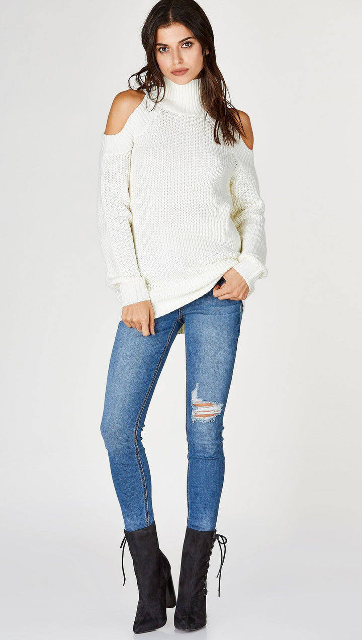 Cold Shoulder Mock Turtleneck Sweater Ivory White