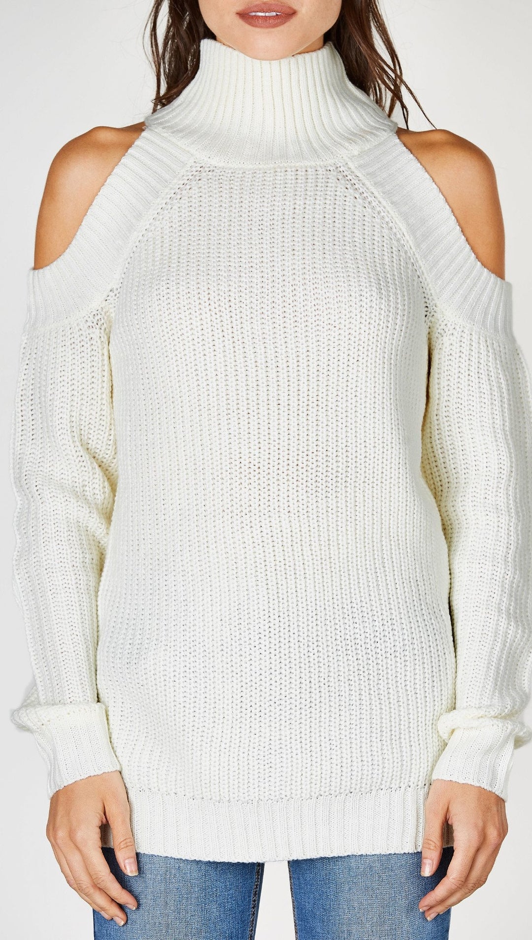 Cold Shoulder Mock Turtleneck Sweater Ivory White