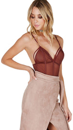 Caged Strappy Mesh Bodysuit Chocolate Brown Cut Out