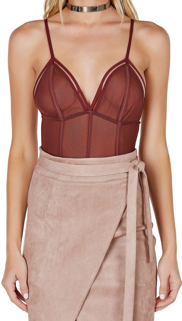 Caged Sexy Strappy Mesh Bodysuit Chocolate Brown