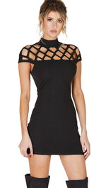Caged Cap Sleeve High Neck Mini Dress Black Jessyka Robyn