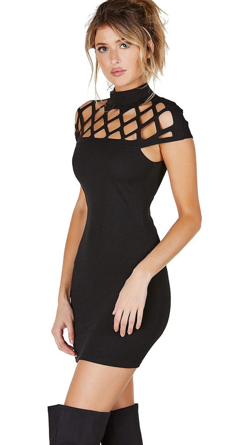 Caged Cap Sleeve High Neck Mini Dress Black Makes of Dreams