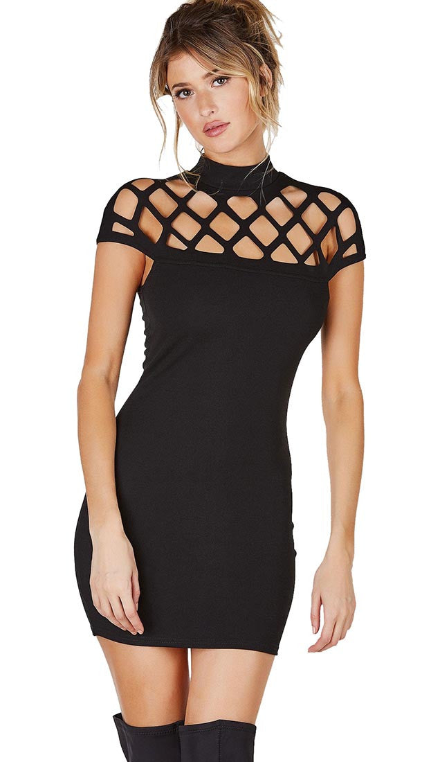 Caged Cap Sleeve High Neck Mini Dress Black Makers of Dreams