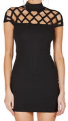 Caged Cap Sleeve High Neck Mini Dress Black short sleeve