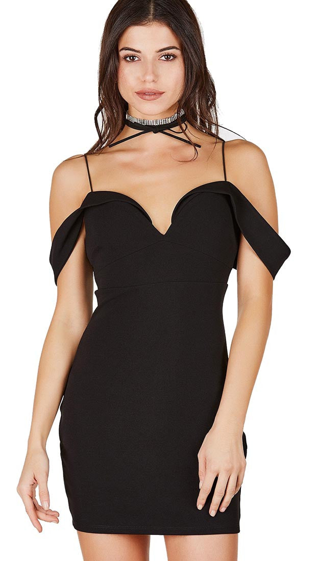 Crepe Cold Shoulder Fitted Mini Dress Black Sweetheart Neckline Top 