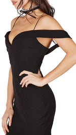 Crepe Cold Shoulder Fitted Mini Dress Black Sweetheart Neckline Top 