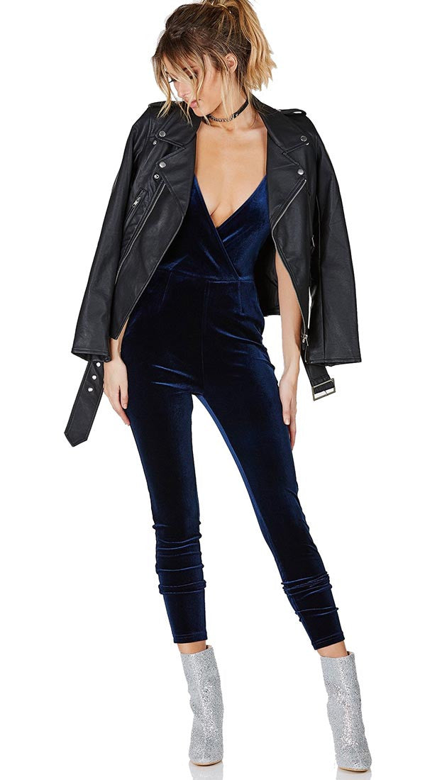 Socialite Velour Jumpsuit Navy - Jumper Velvet One Piece Blue by Evenuel