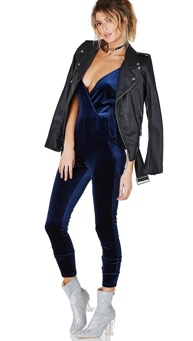 Socialite Velour Jumpsuit Navy - Jumper Velvet One Piece Blue by Evenuel
