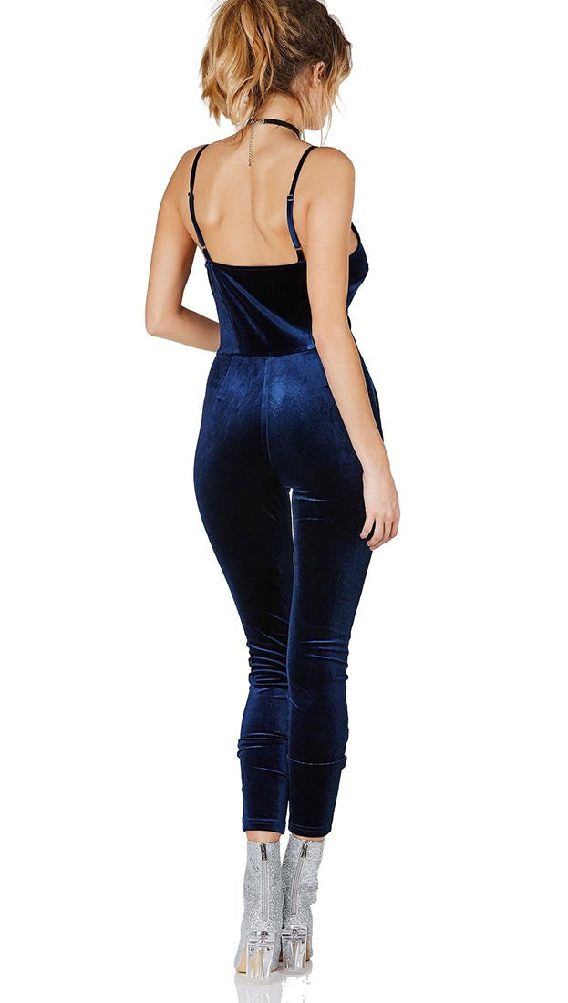 Socialite Velour Jumpsuit Navy - Jumper Velvet One Piece Blue by Evenuel