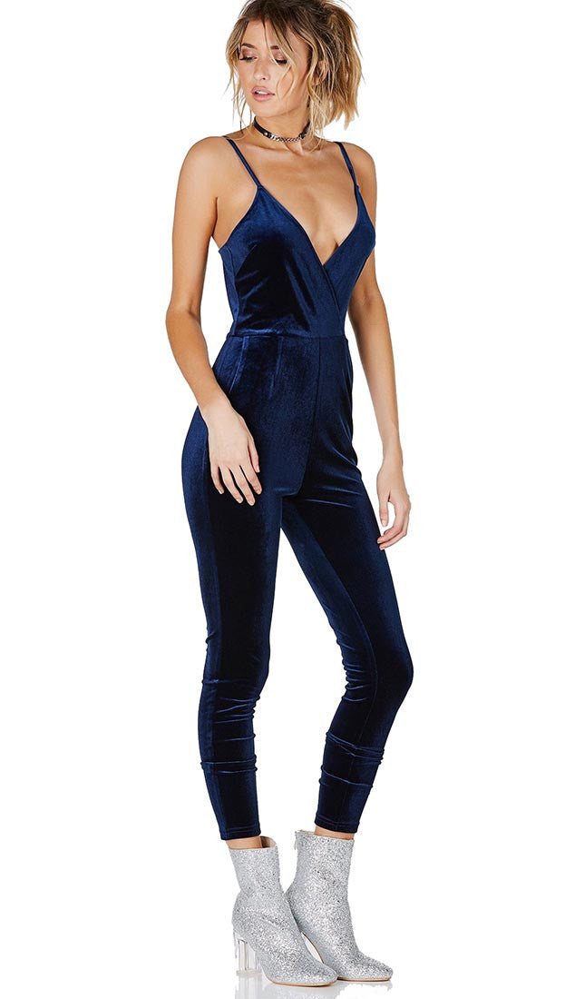 Socialite Velour Jumpsuit Navy - Jumper Velvet One Piece Blue by Evenuel