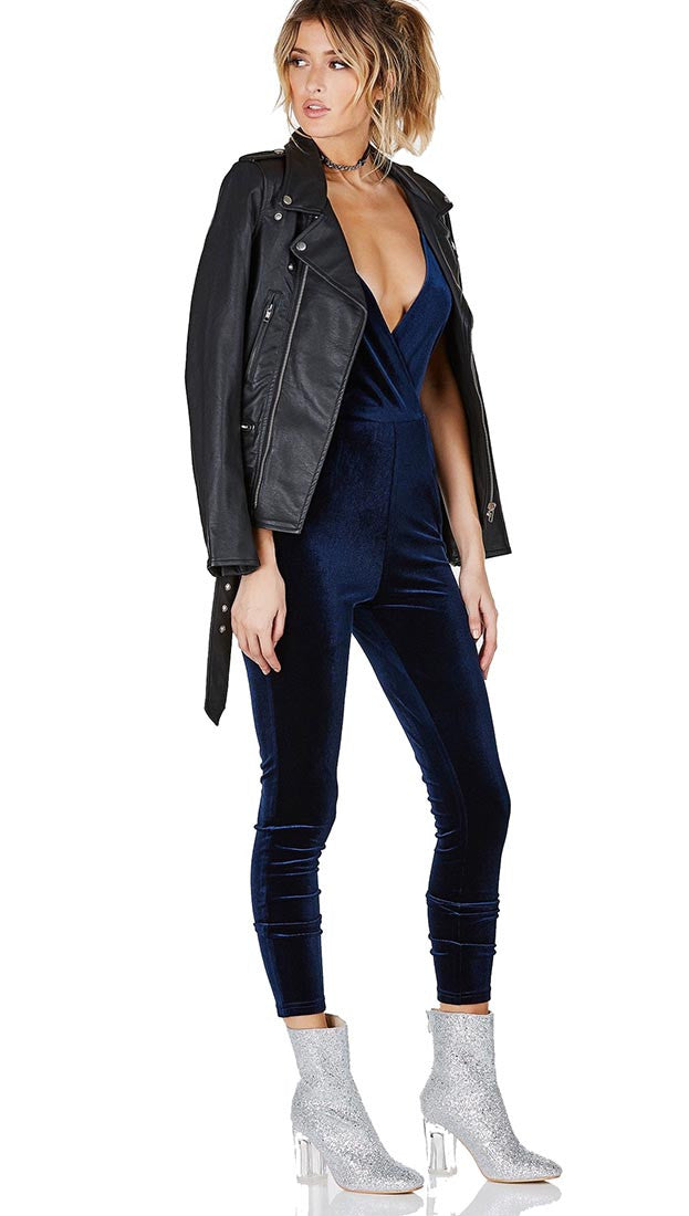 Socialite Velour Jumpsuit Navy - Jumper Velvet One Piece Blue by Evenuel