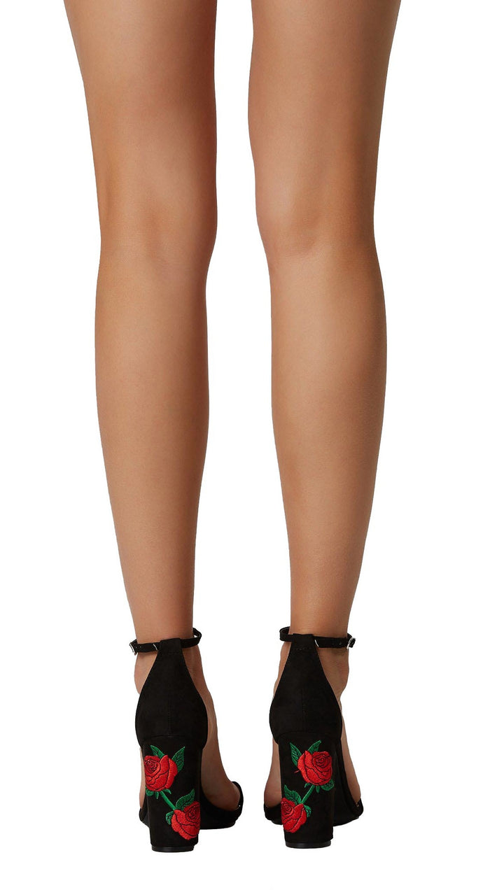 Kissed By A Rose Embroidered Block High Heel Black Sandal Floral