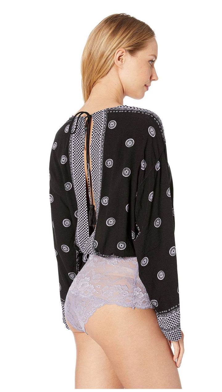 Free People On Board Boho V Neck Bodysuit Flared Sleeve Black I ShopAA