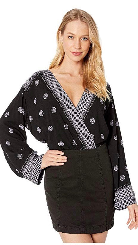 Free People On Board Boho V Neck Bodysuit Flared Sleeve Black I ShopAA