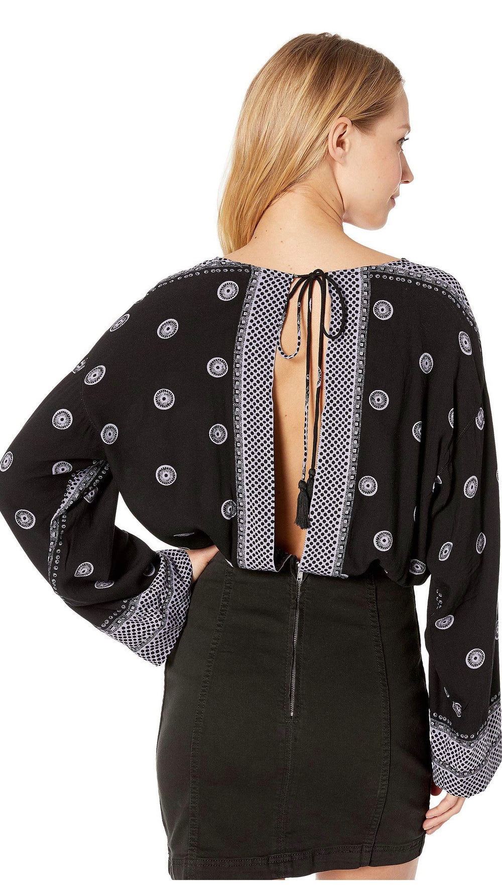 Free People On Board Boho V Neck Bodysuit Flared Sleeve Black I ShopAA