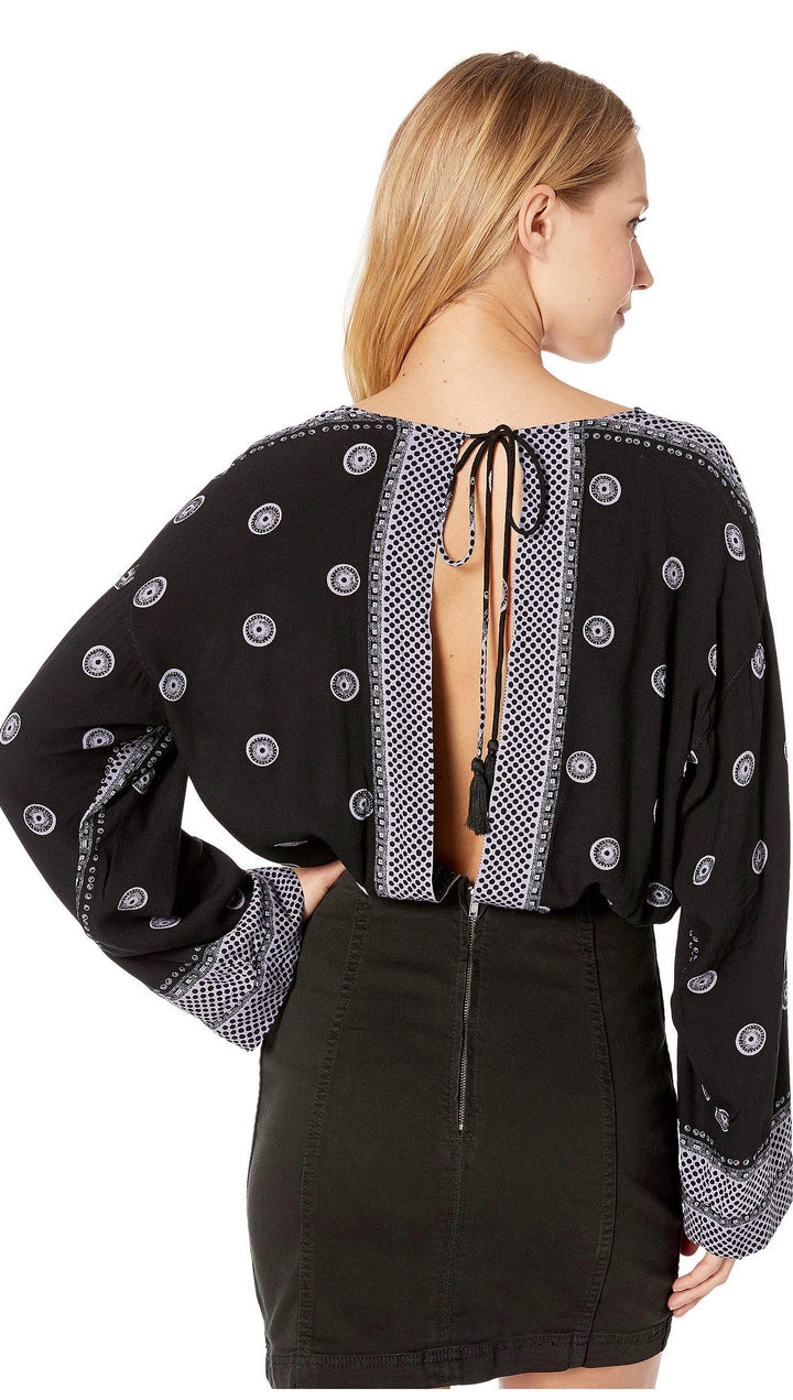 Free People On Board Boho V Neck Bodysuit Flared Sleeve Black I ShopAA