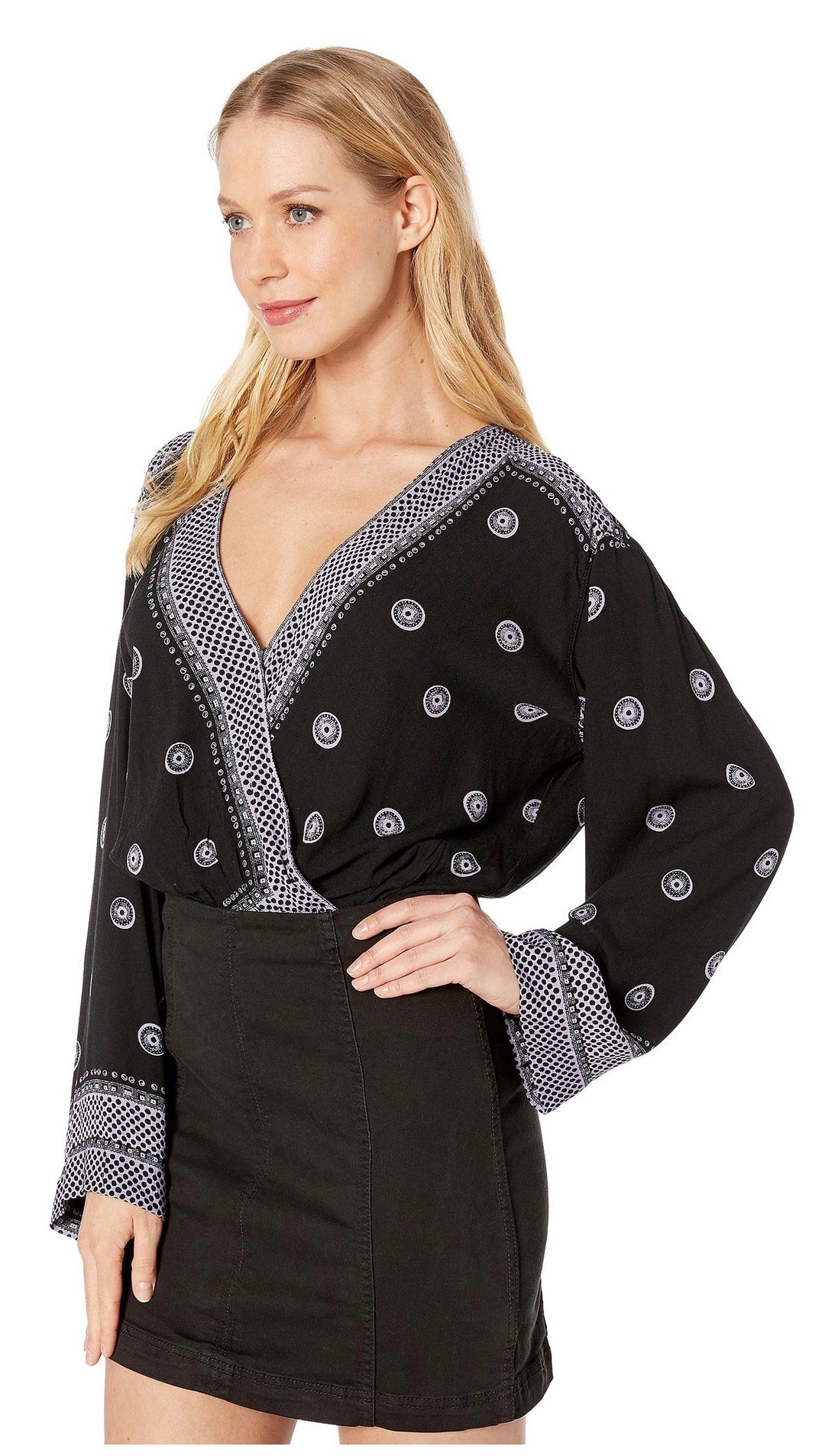 Free People On Board Boho V Neck Bodysuit Flared Sleeve Black I ShopAA