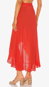 9Seed Solana Wrap Ruffle Tie Waist Midi Skirt Dahlia Red | ShopAA