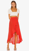 9Seed Solana Wrap Ruffle Tie Waist Midi Skirt Dahlia Red | ShopAA