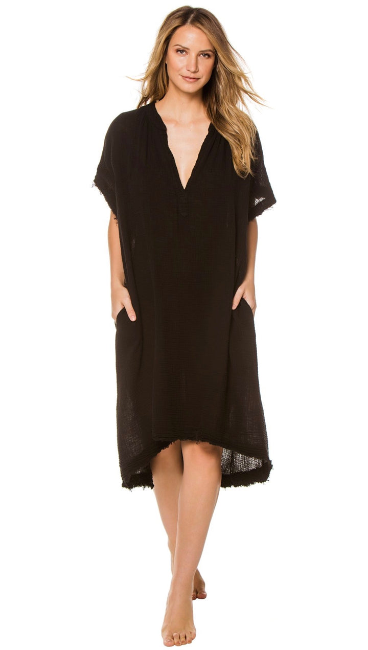 9Seed Tunisia Caftan Maxi Dress Black Frayed Gauze Maxi | ShopAA