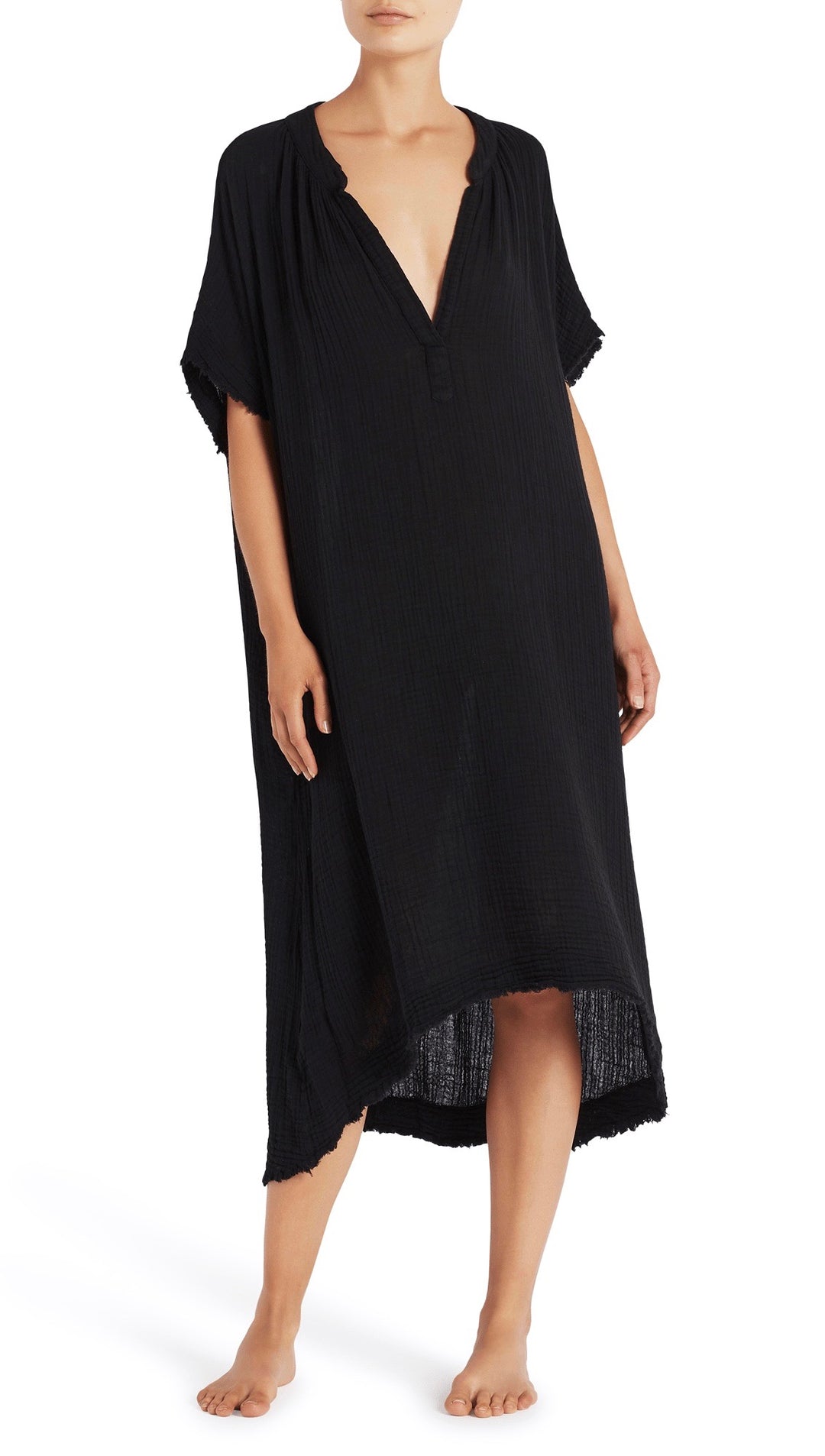 9Seed Tunisia Caftan Maxi Dress Black Frayed Gauze Maxi | ShopAA