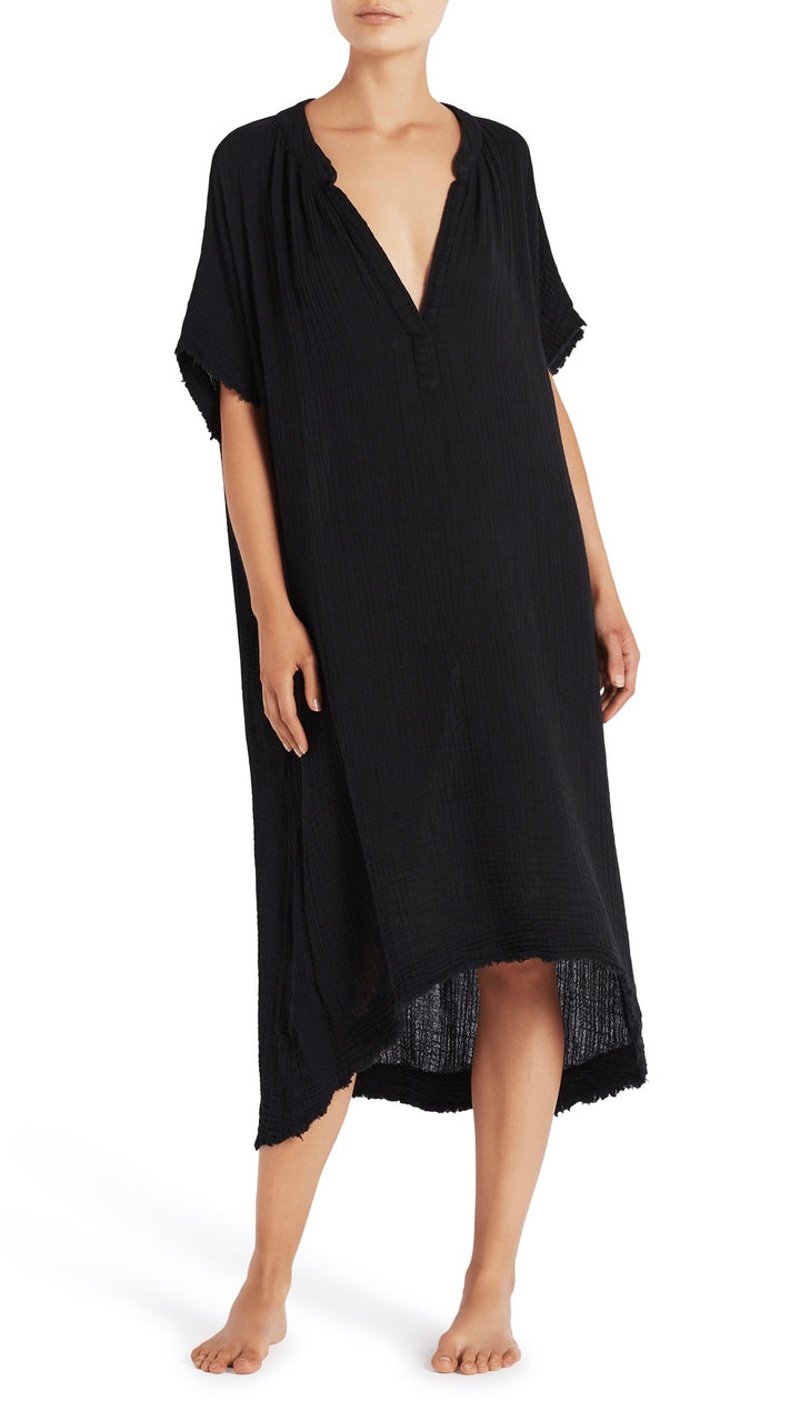 9Seed Tunisia Caftan Maxi Dress Black Frayed Gauze Maxi | ShopAA
