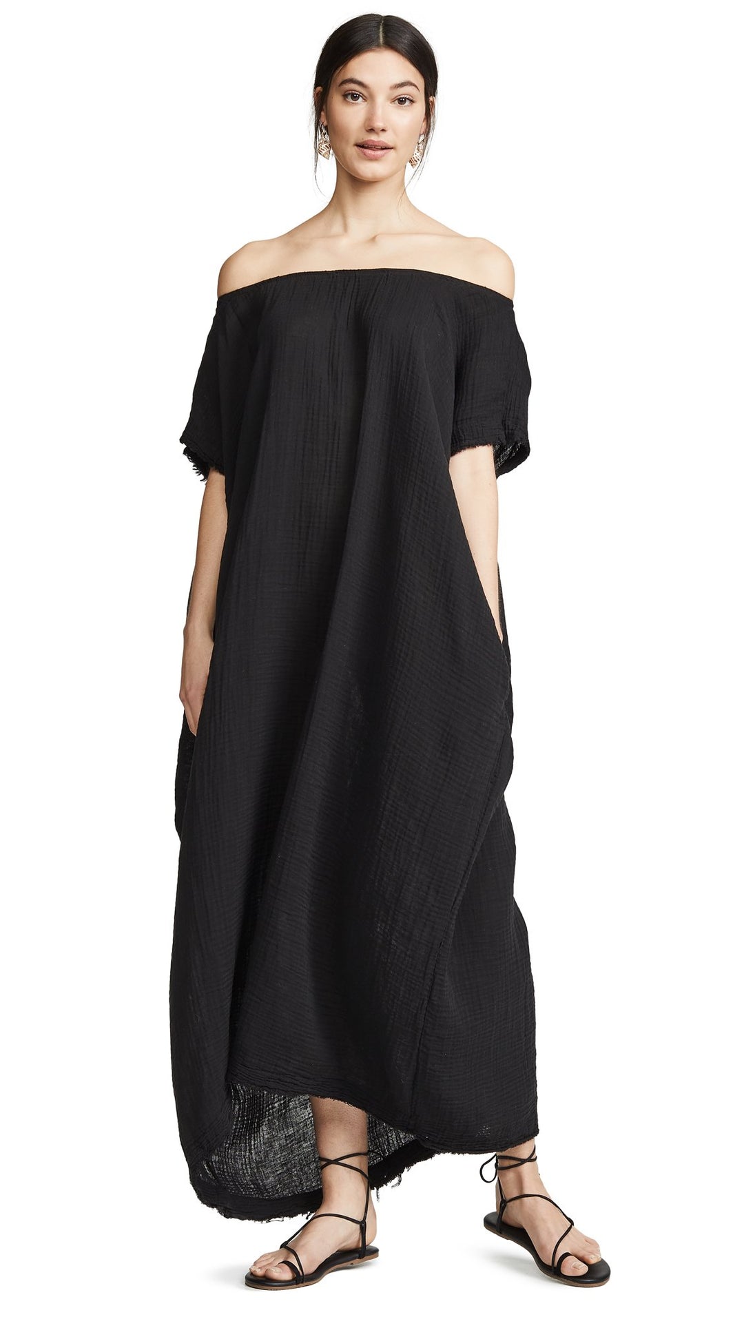 9Seed Moonstone Off Shoulder Caftan Black Frayed Gauze Maxi | ShopAA