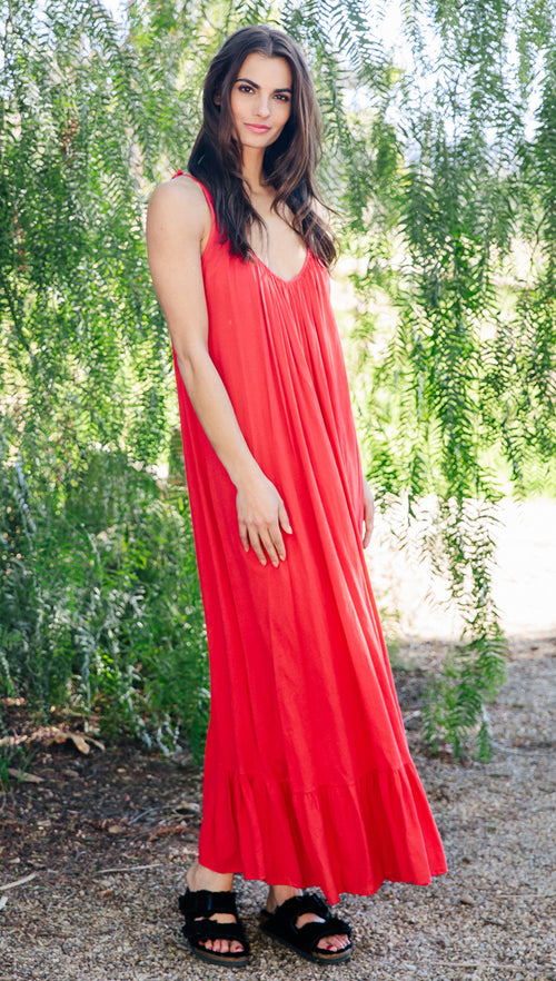 9Seed Paloma Cover Up Ruffle Maxi Dress Cherry Red | ShopAA 