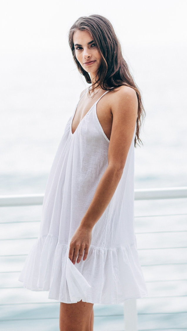 9Seed St Tropez Ruffle Cover Up Mini Dress White Sleeveless | ShopAA