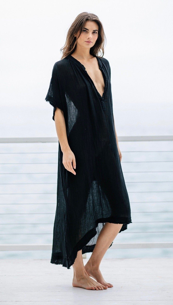 9Seed Tunisia Caftan Maxi Dress Black Frayed Gauze Maxi | ShopAA
