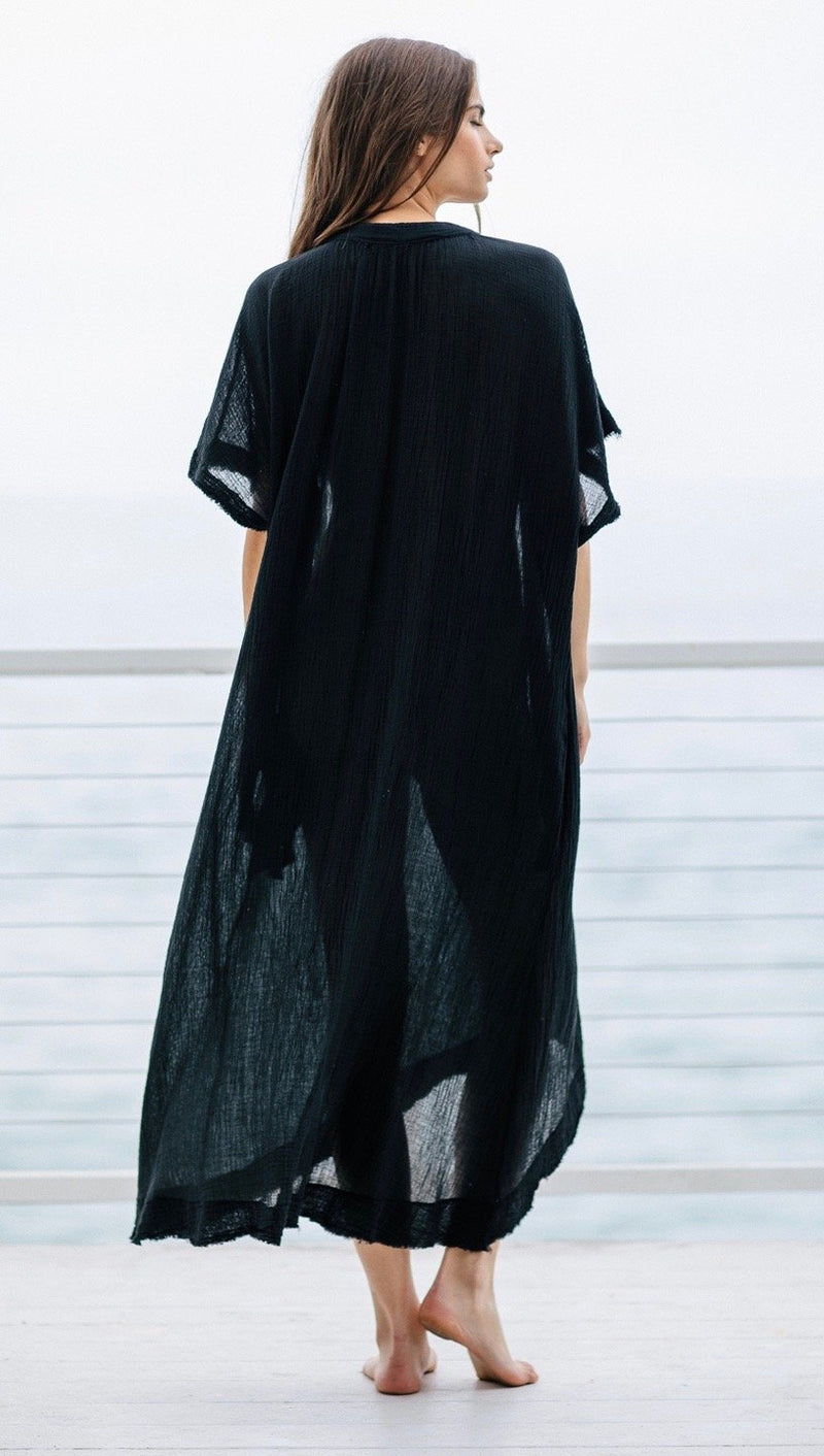 9Seed Tunisia Caftan Maxi Dress Black Frayed Gauze Maxi | ShopAA
