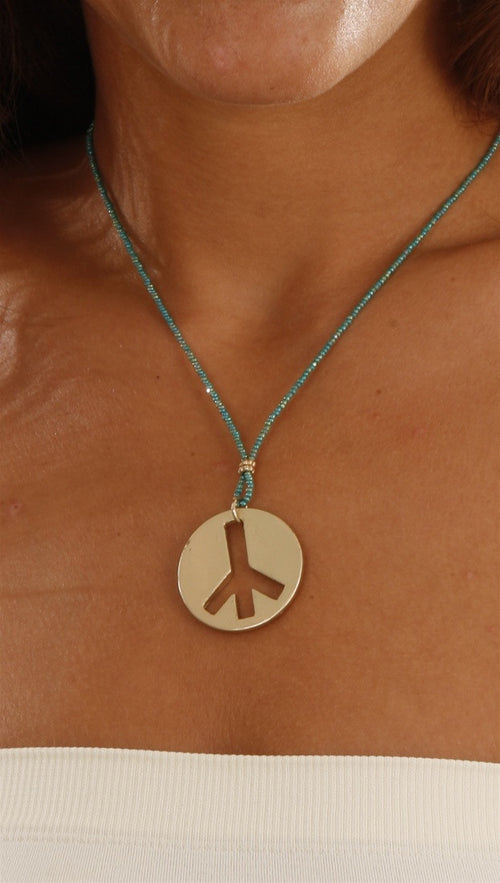 Apparel Addiction Jewelry Gold Brushed Peace Necklace in Teal
