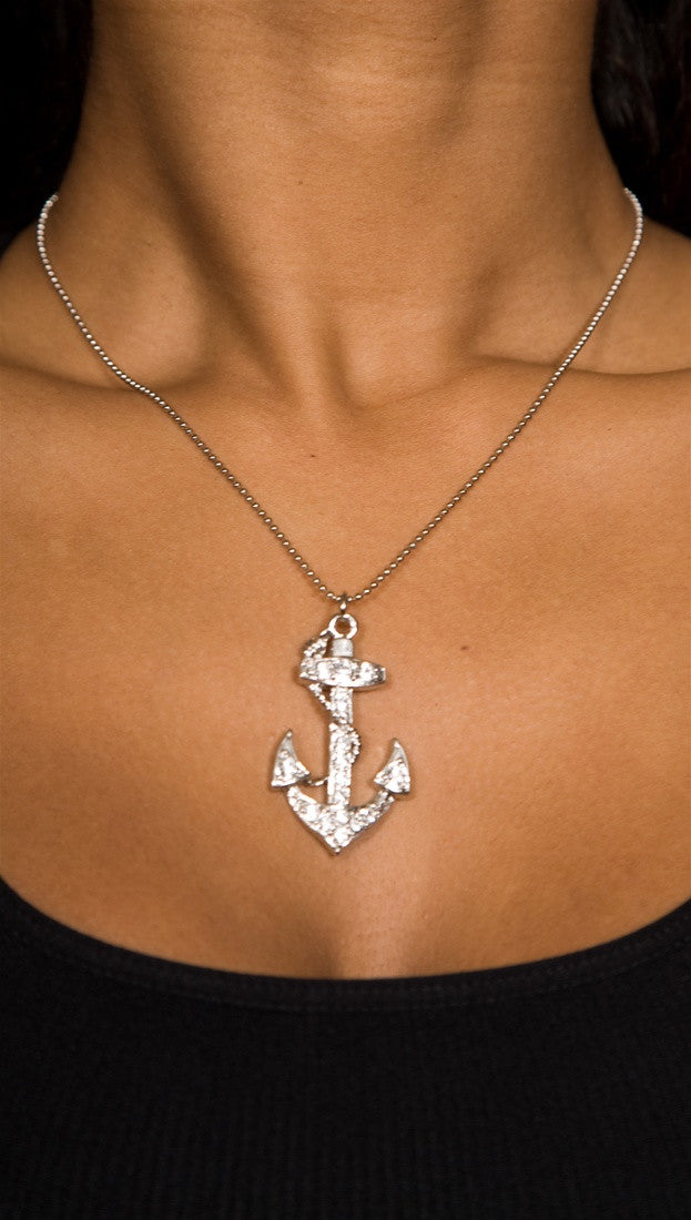 Apparel Addiction Anchor Rhinestone Necklace Silver