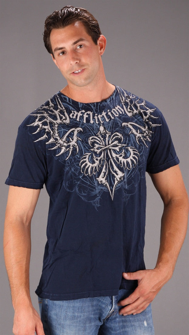 Affliction Skeleton Graphic Mens Short Sleeve Tee Shirt Navy Blue ShopAA