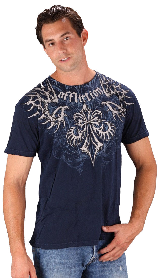 Affliction Mens Skeleton Graphic Short Sleeve Tee Navy Blue l ShopAA