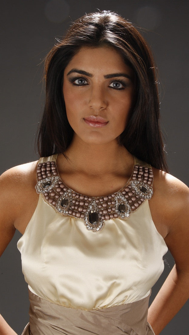 Alexia Admor Jeweled Neck Color Blocked Dress in Champagne