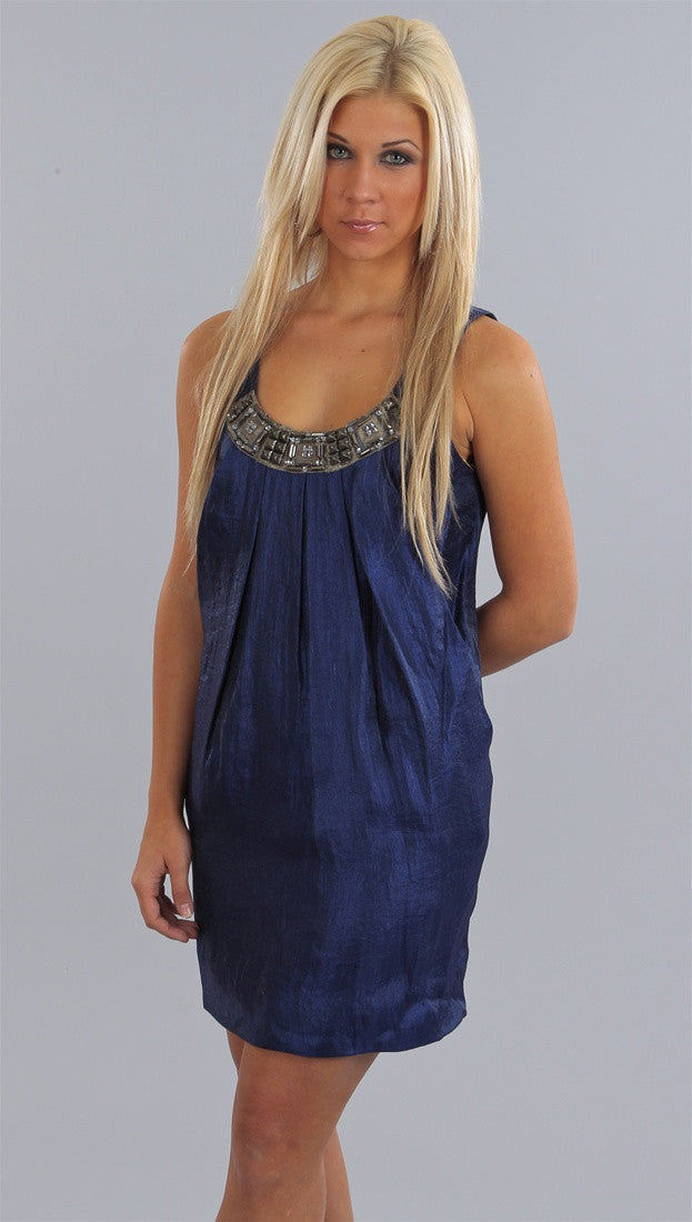 Alexia Admor Jeweled Neck Trapeze Dress in Indigo