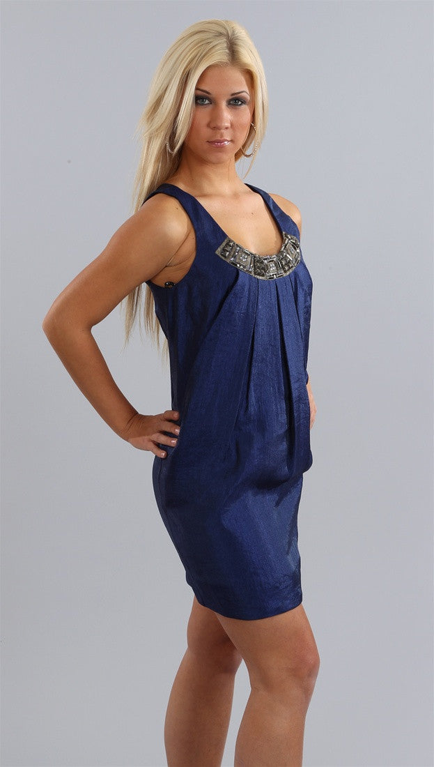 Alexia Admor Jeweled Neck Trapeze Dress in Indigo
