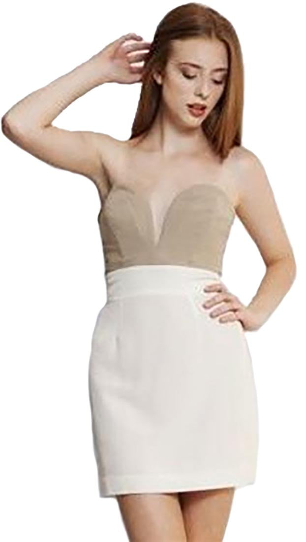 Ani Lee Taryn Strapless Plunge Deep V Two Tone Colorblock Silk Dress Tan Cream