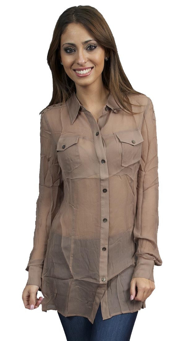 Aryn K Metal Ring Shoulder Sheer Button Down Tunic Collar Shirt Mocha 