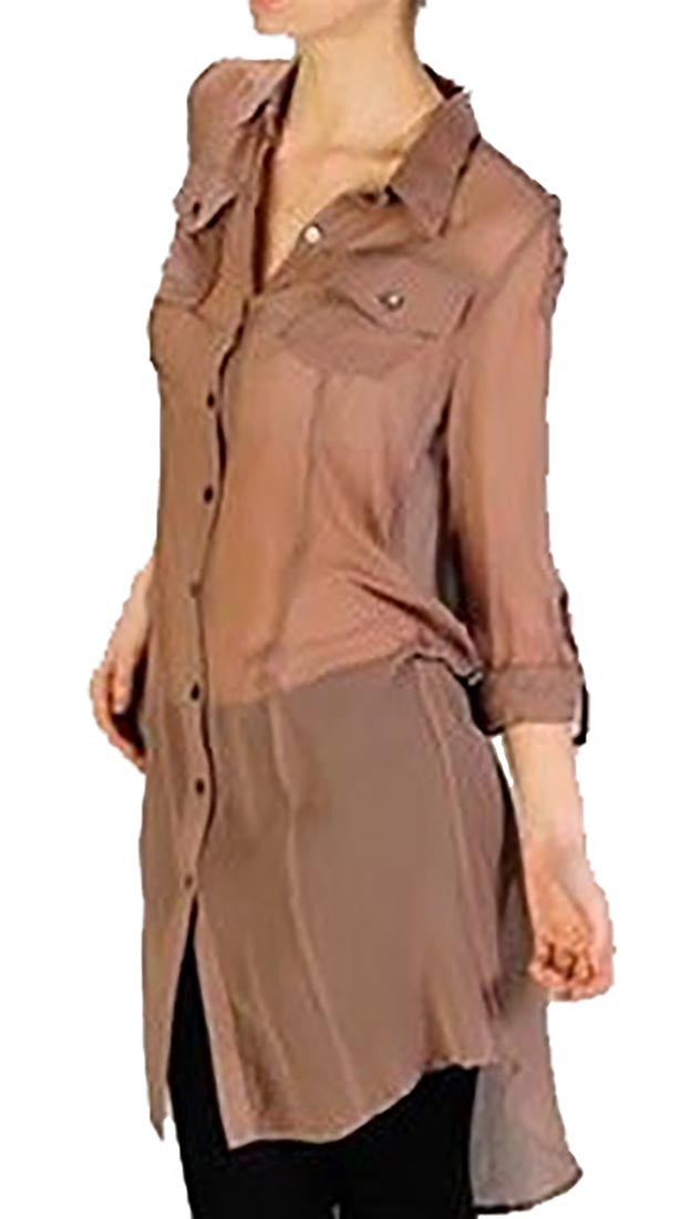 Aryn K Metal Ring Shoulder Sheer Button Down Tunic Collar Shirt Mocha 