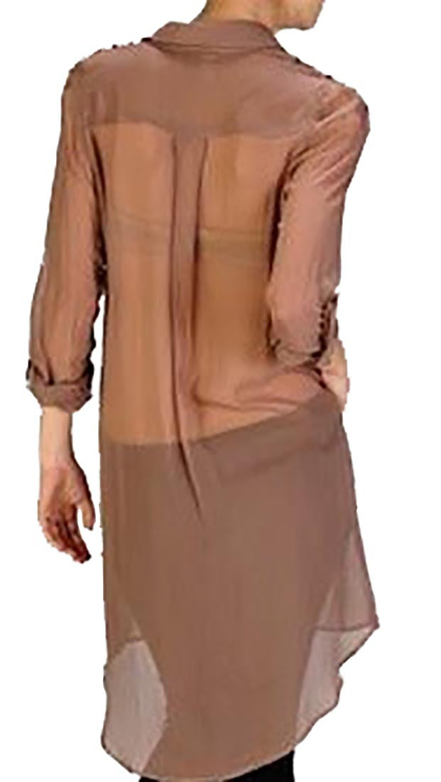 Aryn K Metal Ring Shoulder Sheer Button Down Tunic Collar Shirt Mocha 