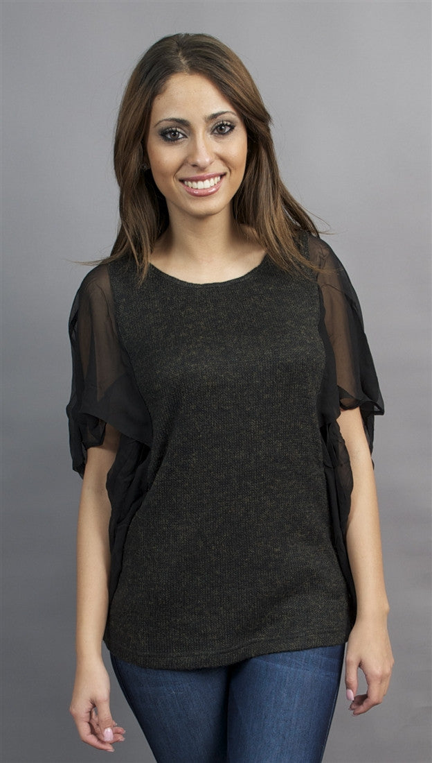 Aryn K. Sheer Flutter Sleeve Tunic with Ribbed Fabric in Black