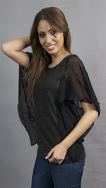 Aryn K. Sheer Flutter Sleeve Tunic with Ribbed Fabric in Black