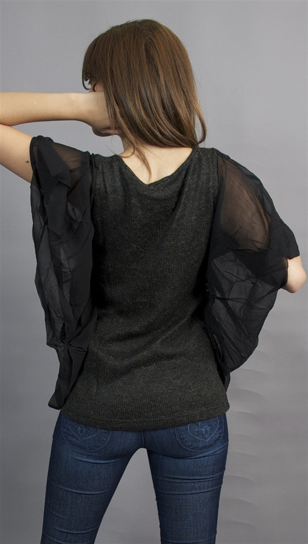 Aryn K. Sheer Flutter Sleeve Tunic with Ribbed Fabric in Black
