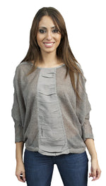 Aryn K. Short Sleeve Crochet Pullover with Ruched Panel Accents in Grey
